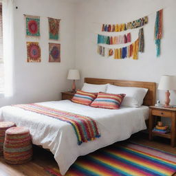 An image of a neatly arranged girl's bedroom in a Latin American setting, featuring a clean white bed cover without a footboard, surrounded by colorful and festive cultural accents.