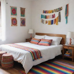 An image of a neatly arranged girl's bedroom in a Latin American setting, featuring a clean white bed cover without a footboard, surrounded by colorful and festive cultural accents.