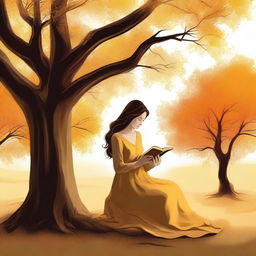 A woman reading a book under a tree with a golden, yellow, and orange hourglass in the background