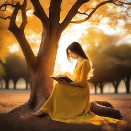 A woman reading a book under a tree with a golden, yellow, and orange hourglass in the background