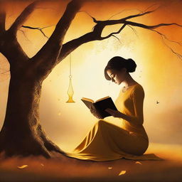 A woman reading a book under a tree with a golden, yellow, and orange hourglass in the background