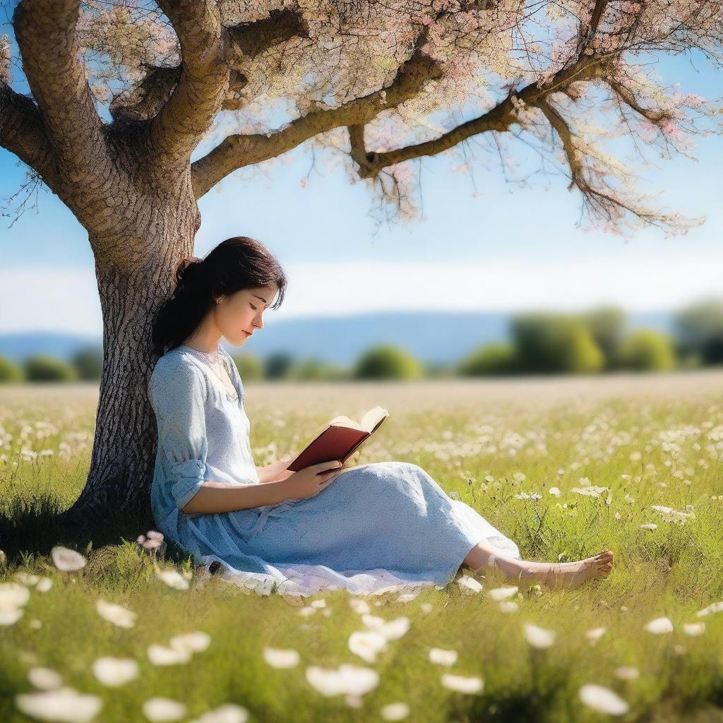 A woman with dark hair reading under a tree with a blue sky and a field of flowers in the background