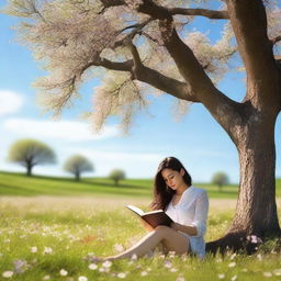 A woman with dark hair reading under a tree with a blue sky and a field of flowers in the background