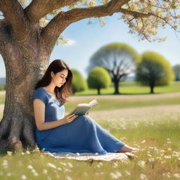 A woman with dark hair reading under a tree with a blue sky and a field of flowers in the background