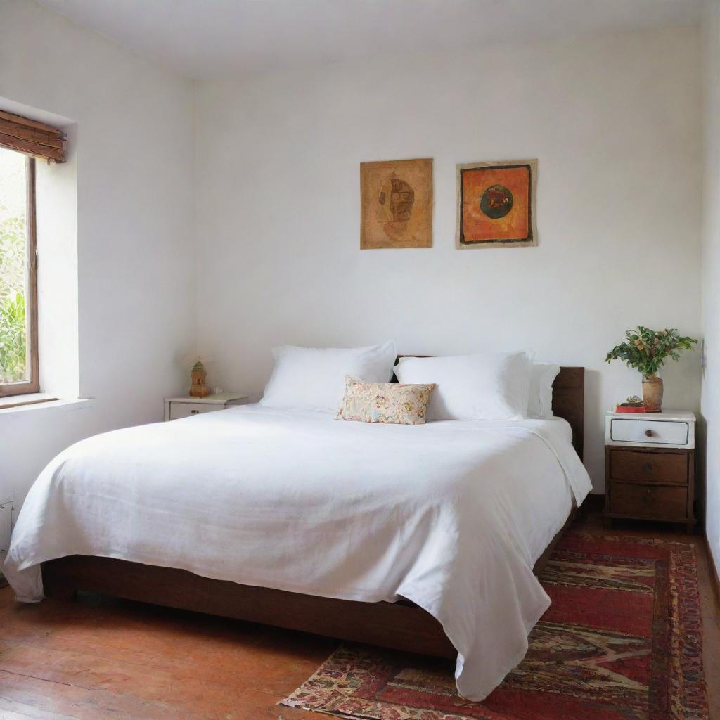 A girl's room in a Latin American setting, featuring a tidy white bedspread and matching white cushions, the bed is devoid of a footboard, aimed towards a neat, simplistic style surrounded by vivid cultural touches.