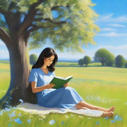 A woman with dark hair reading under a tree with a blue sky and a field of flowers in the background