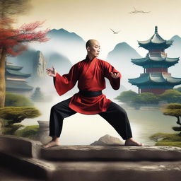 Create a realistic depiction of a Kung Fu master in China