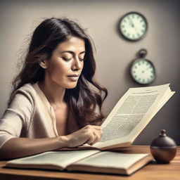 Una mujer viajando en el tiempo, llevando un reloj y un libro