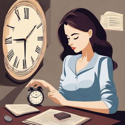 Una mujer viajando en el tiempo, llevando un reloj y un libro