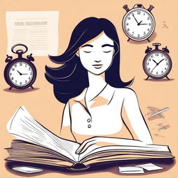 Una mujer viajando en el tiempo, llevando un reloj y un libro