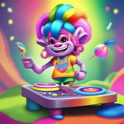 Create an image of a Trolls character named DJ Rainbow at the Trolls Festival