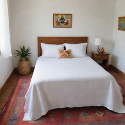 A girl's room in a Latin American setting, featuring a tidy white bedspread and matching white cushions, the bed is devoid of a footboard, aimed towards a neat, simplistic style surrounded by vivid cultural touches.