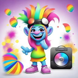 Create an image of a Trolls character named DJ Rainbow at the Trolls Festival