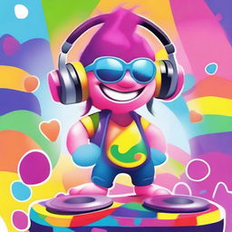 Create an image of a Trolls character named DJ Rainbow at the Trolls Festival