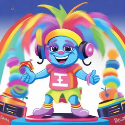 Create an image of a Trolls character named DJ Rainbow at the Trolls Festival