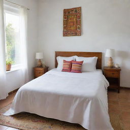 A girl's room in a Latin American setting, featuring a tidy white bedspread and matching white cushions, the bed is devoid of a footboard, aimed towards a neat, simplistic style surrounded by vivid cultural touches.