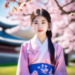 A portrait of an Asian girl with a serene expression, wearing traditional clothing