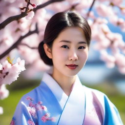 A portrait of an Asian girl with a serene expression, wearing traditional clothing