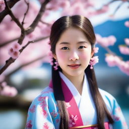 A portrait of an Asian girl with a serene expression, wearing traditional clothing