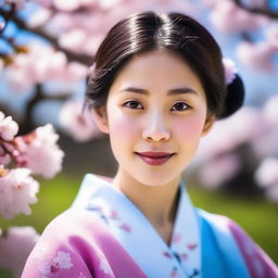 A portrait of an Asian girl with a serene expression, wearing traditional clothing