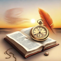 An open book with an antique pocket watch and a writing feather on top