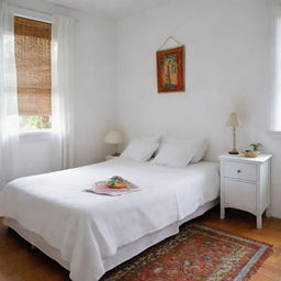 A girl's room in a Latin American setting, featuring a tidy white bedspread and matching white cushions, the bed is devoid of a footboard, aimed towards a neat, simplistic style surrounded by vivid cultural touches.