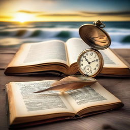 An open book with an antique pocket watch and a writing feather on top