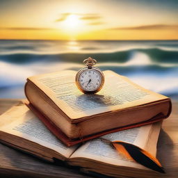 An open book with an antique pocket watch and a writing feather on top