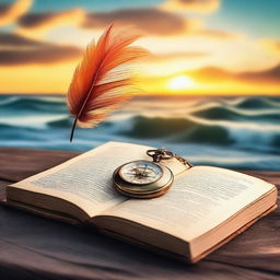 An open book with an antique pocket watch and a writing feather on top