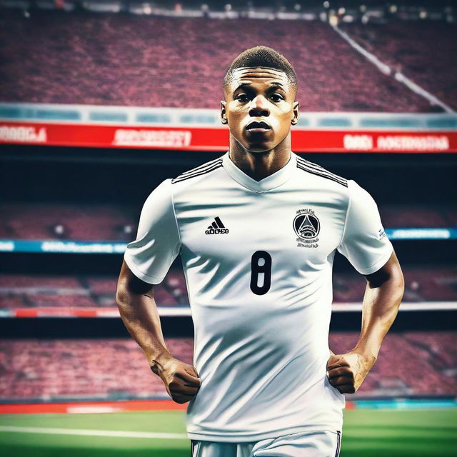 Create an image featuring Kylian Mbappé in a football stadium