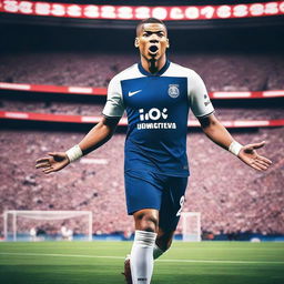 Create an image featuring Kylian Mbappé in a football stadium