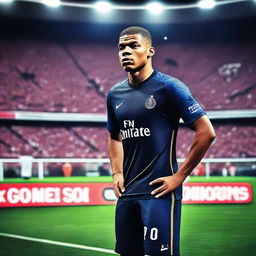 Create an image featuring Kylian Mbappé in a football stadium