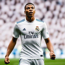 Kylian Mbappé, the new player of Real Madrid, proudly wearing the team's white jersey, standing in Santiago Bernabéu Stadium