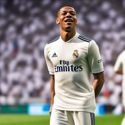 Kylian Mbappé, the new player of Real Madrid, proudly wearing the team's white jersey, standing in Santiago Bernabéu Stadium