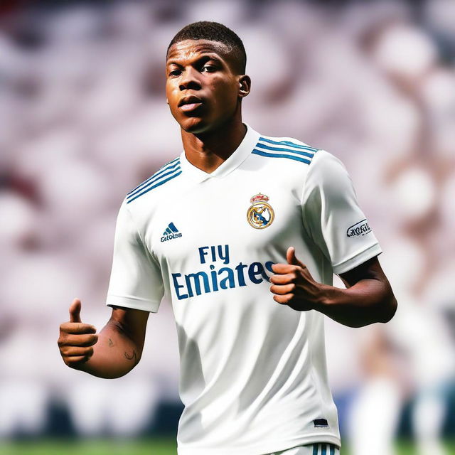 Kylian Mbappé, the new player of Real Madrid, proudly wearing the team's white jersey, standing in Santiago Bernabéu Stadium