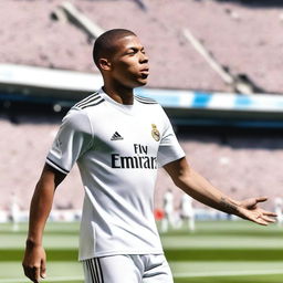 Kylian Mbappé, the new player of Real Madrid, proudly wearing the team's white jersey, standing in Santiago Bernabéu Stadium