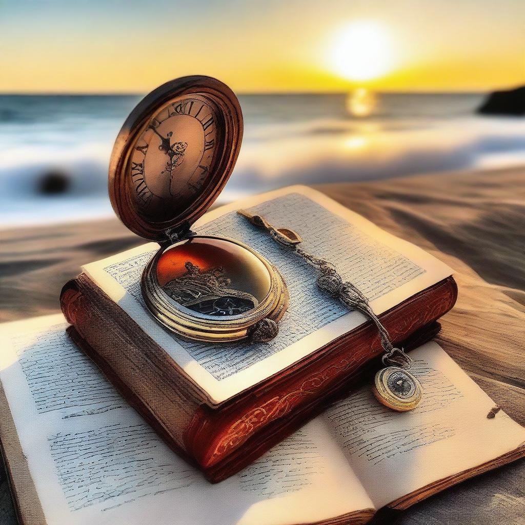 An old writing quill next to an open book, with an antique pocket watch on top