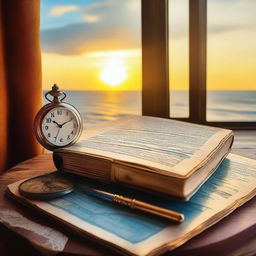 An old writing quill next to an open book, with an antique pocket watch on top