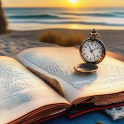 An old writing quill next to an open book, with an antique pocket watch on top