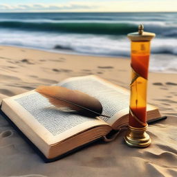 An open book, next to it an old writing feather and a small hourglass