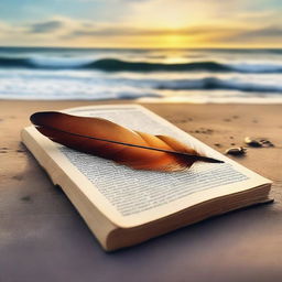 An open book, next to it an old writing feather and a small hourglass