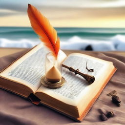 An open book, next to it an old writing feather and a small hourglass