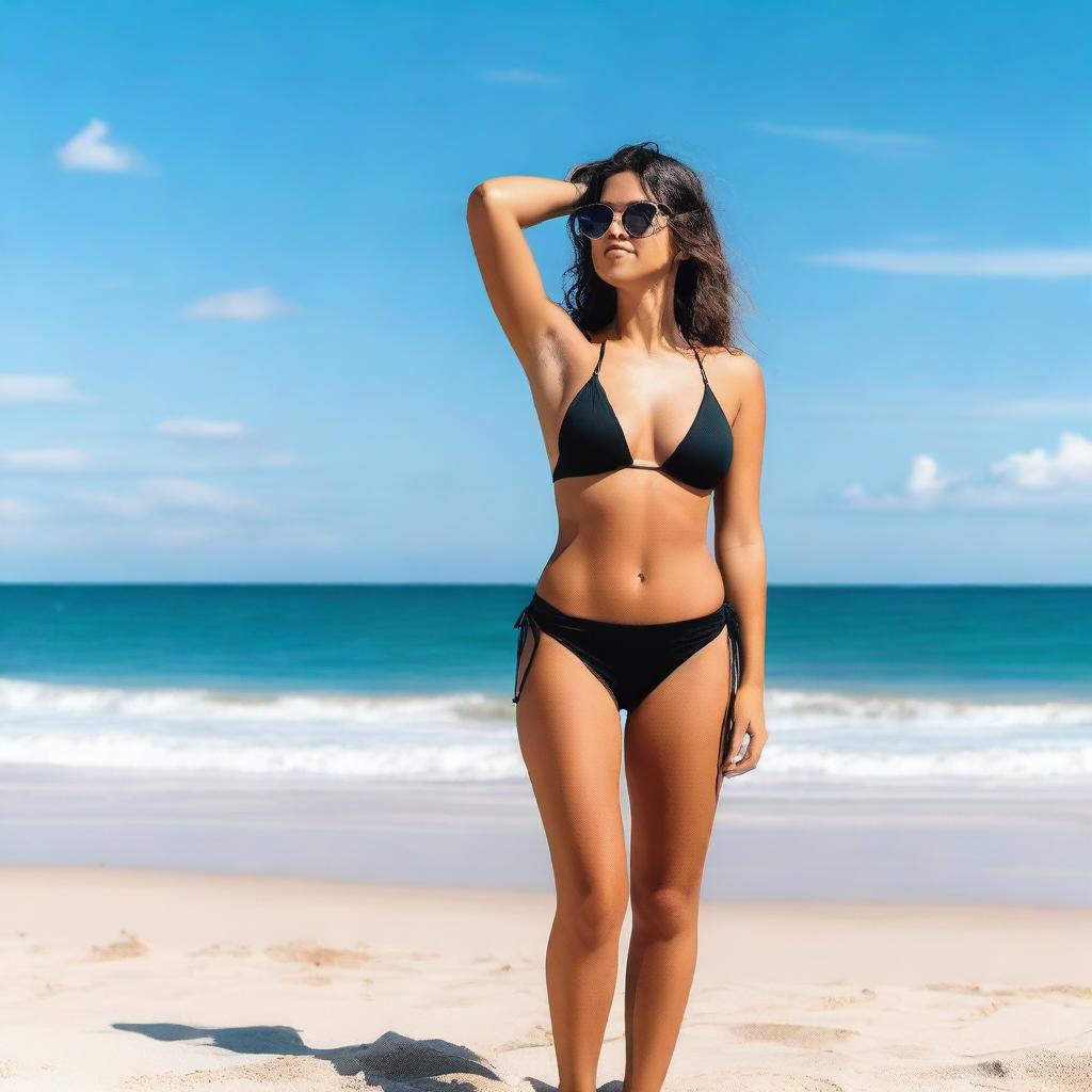 A girl wearing a black bikini, standing confidently on a sunny beach with clear blue skies