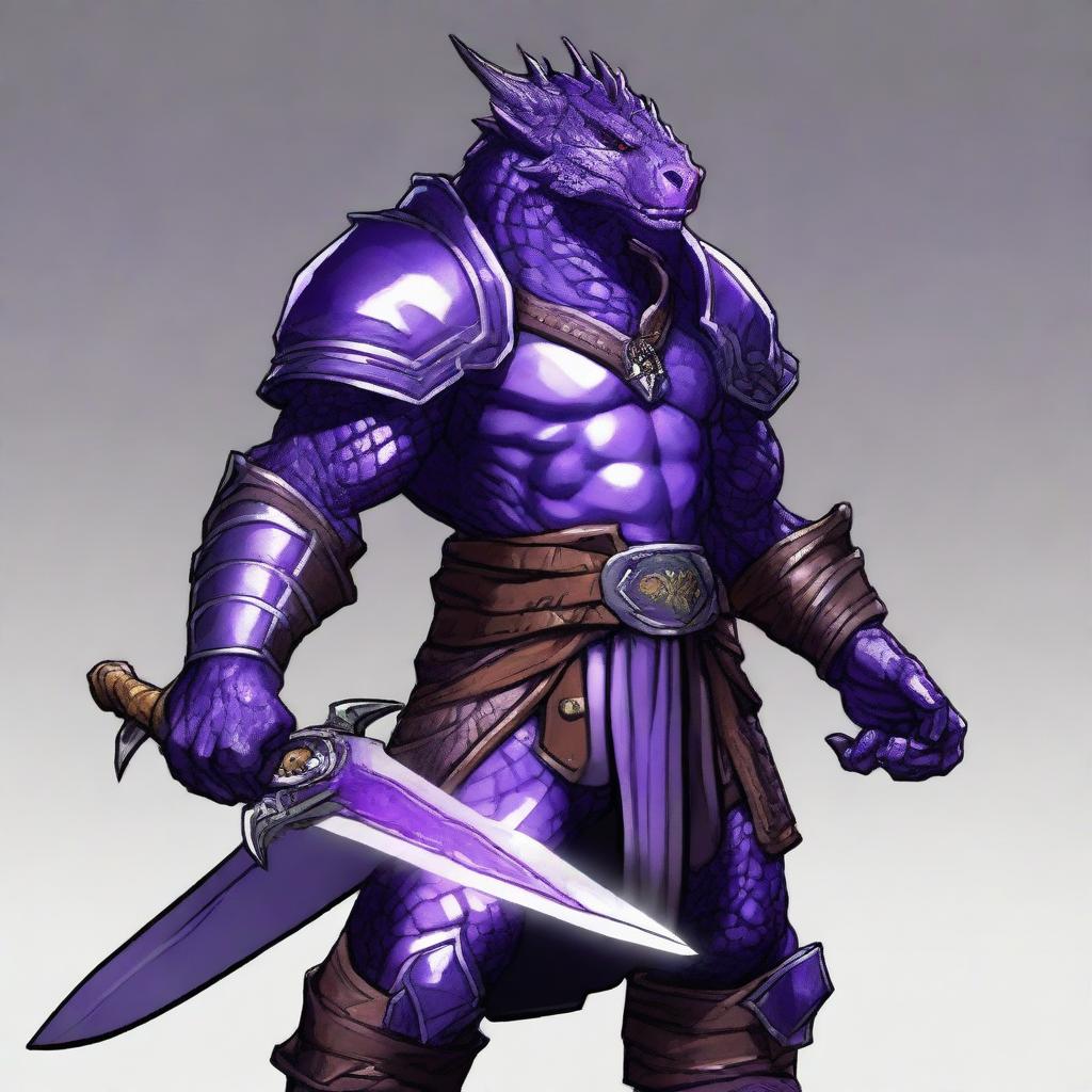 A Dungeons & Dragons style character: an amethyst dragonborn fighter