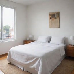 A neatly arranged girl's room in a Latin American city, showcasing a clean white bedspread with matching white cushions, absent of footboard, creating a scene of urban simplicity blended with lively cultural influence.