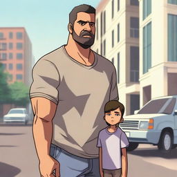 A father standing protectively in front of his grown son, showing a strong bond and determination