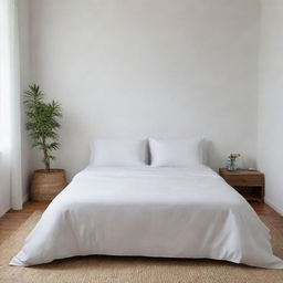 A neatly arranged girl's room in a Latin American city, showcasing a clean white bedspread with matching white cushions, absent of footboard, creating a scene of urban simplicity blended with lively cultural influence.