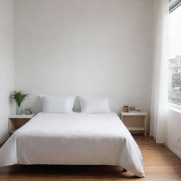 A neatly arranged girl's room in a Latin American city, showcasing a clean white bedspread with matching white cushions, absent of footboard, creating a scene of urban simplicity blended with lively cultural influence.