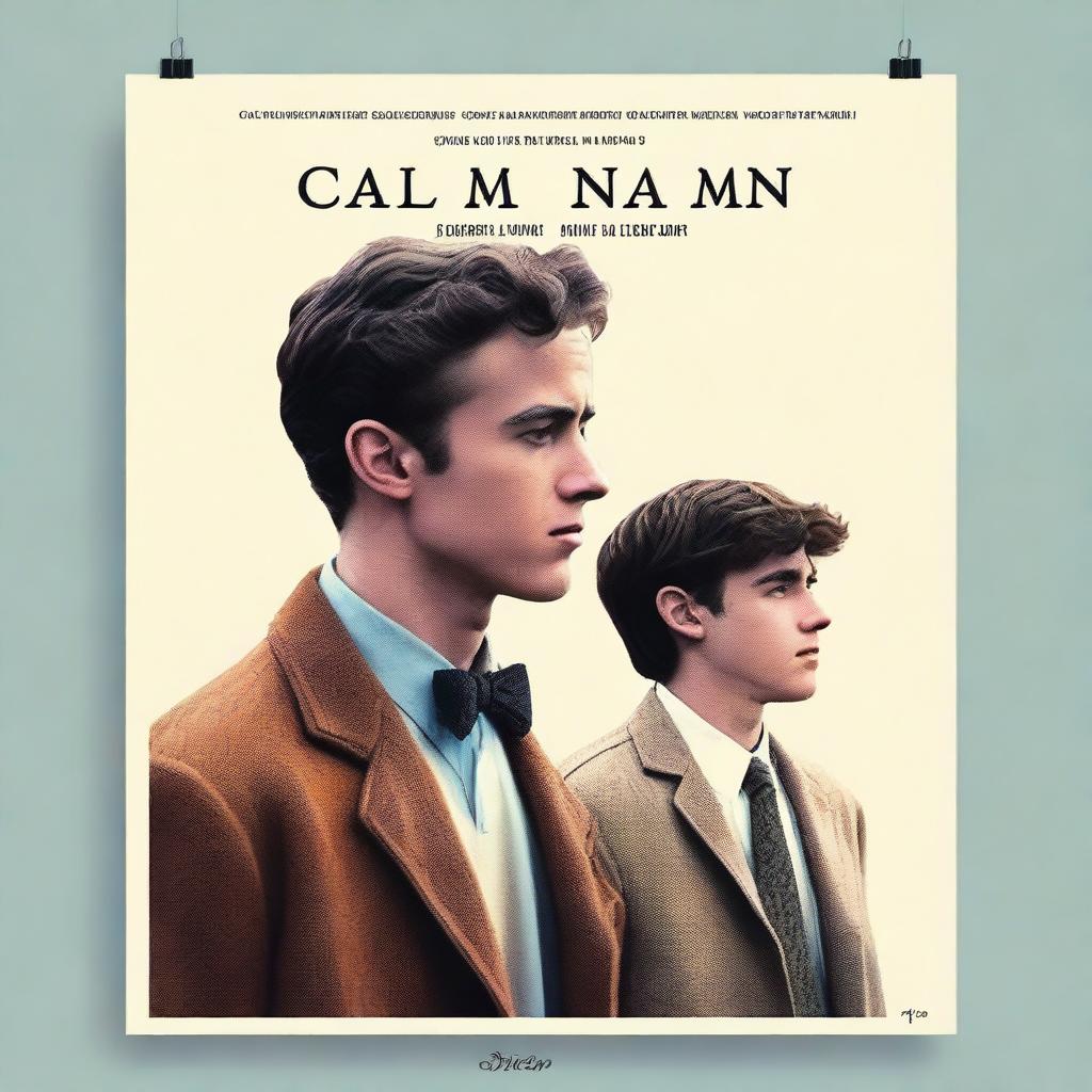 Create a 2023 modern, classy movie poster featuring a father and his 18-year-old son with 'Call Me By Your Name' vibes