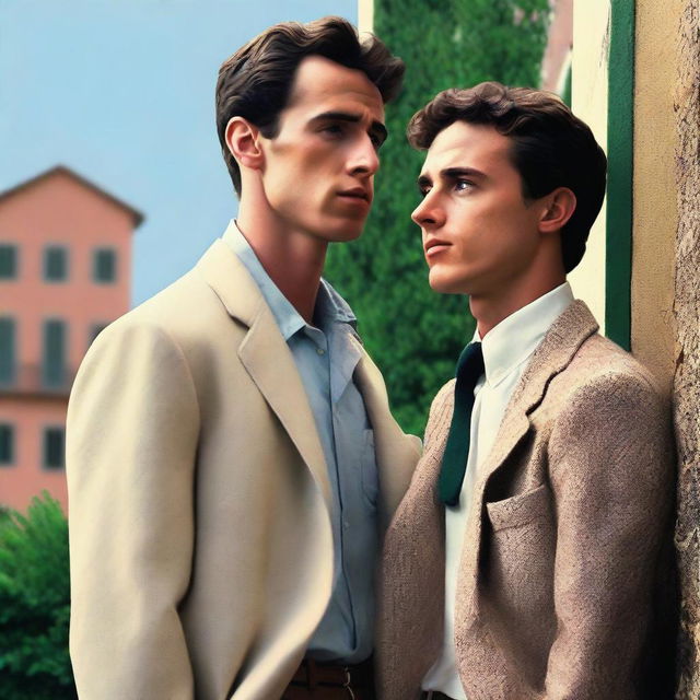 Create a 2023 modern, classy movie poster featuring a father and his 18-year-old son with 'Call Me By Your Name' vibes